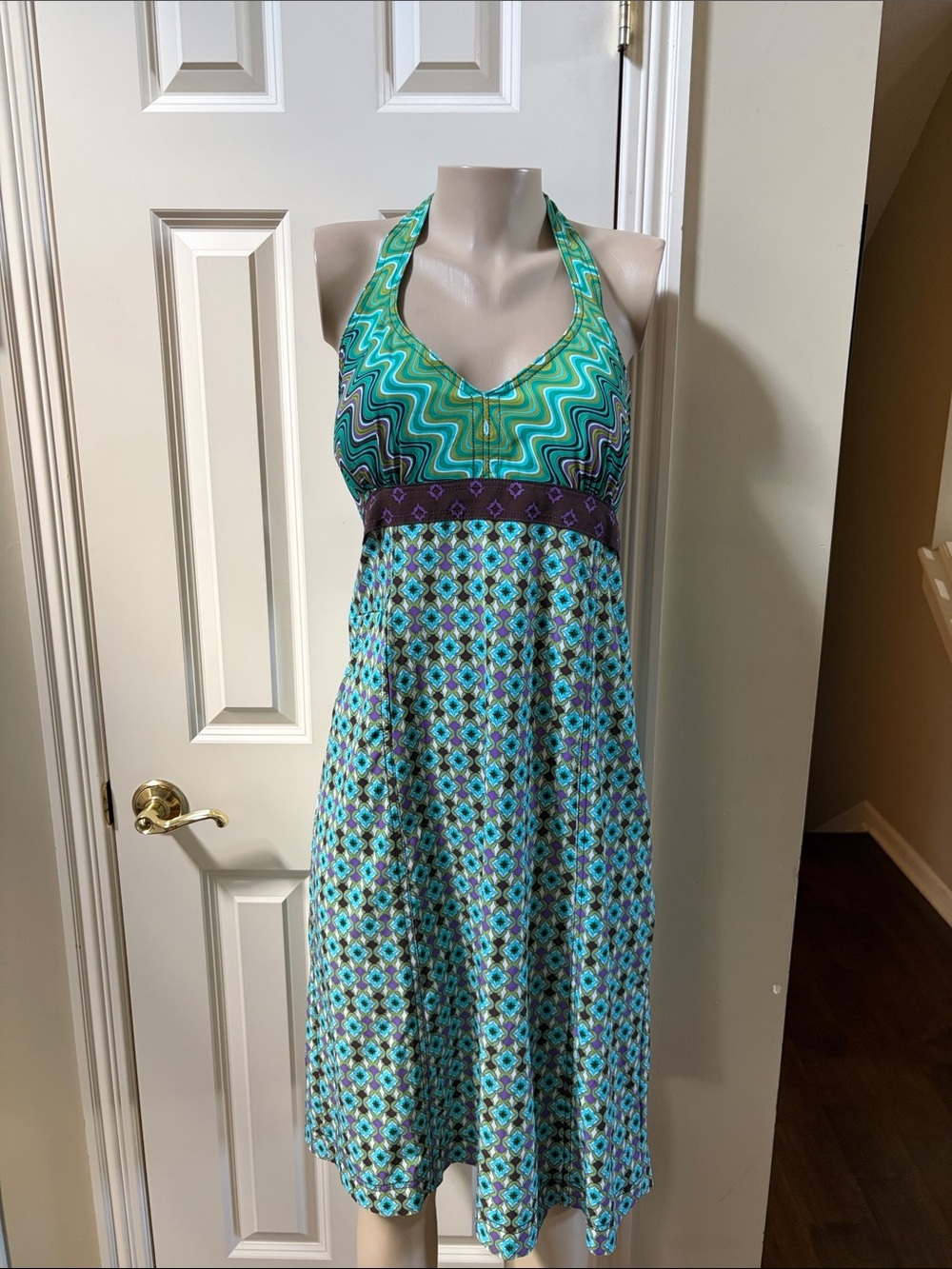 Athleta Teal and Purple Halter Empire-Waist Dress, 12